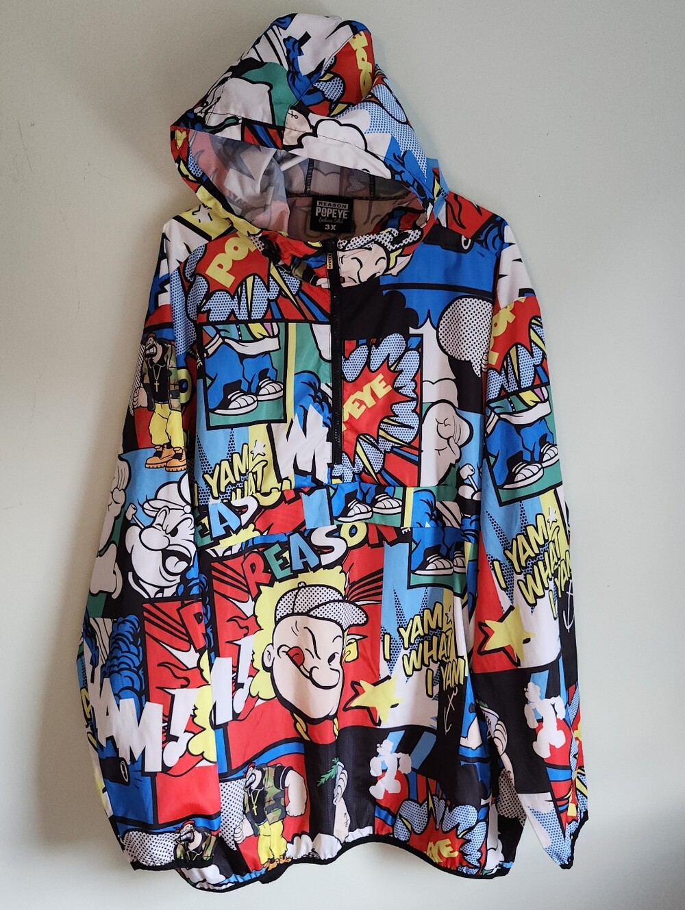 REASON POPEYE Comic Allover Print Multicolor Windbreaker 1/4 Zip Hood Mens 3XL